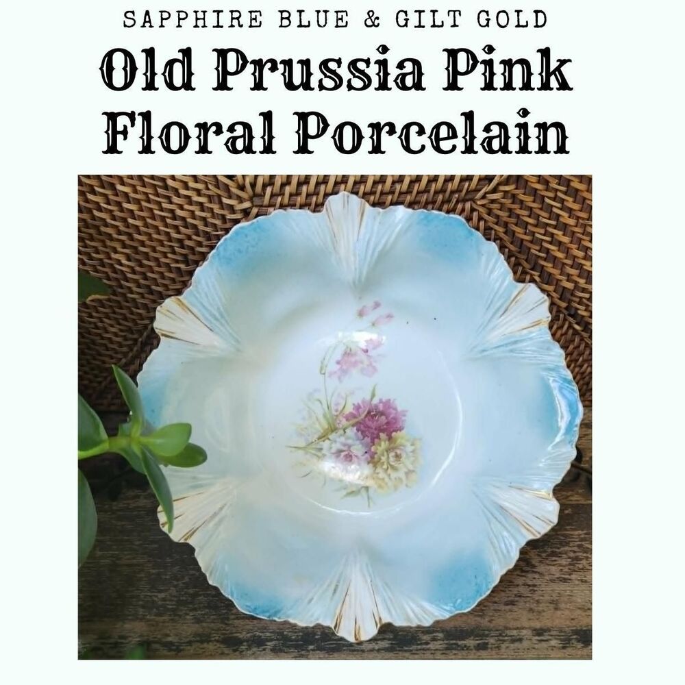 Prussia Porcelain Serving Bowl 1800s | Antique French Blue Gold Gilt Floral 11"